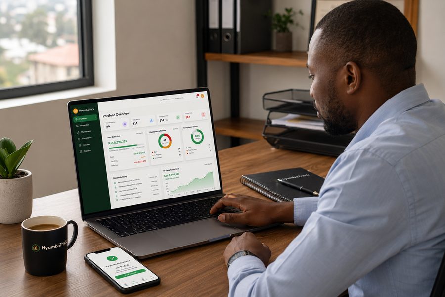 Property manager reviewing the NyumbaTrack portfolio dashboard on a laptop