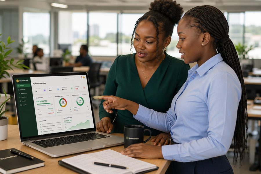 Two colleagues reviewing NyumbaTrack together in an office