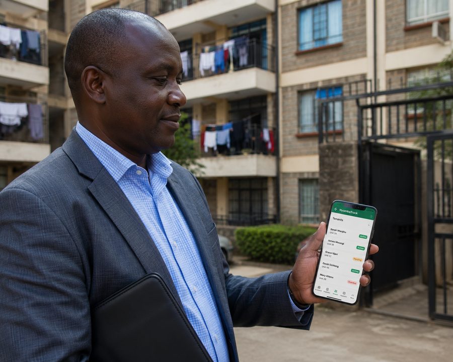 Property manager checking tenant status on the NyumbaTrack mobile app on-site