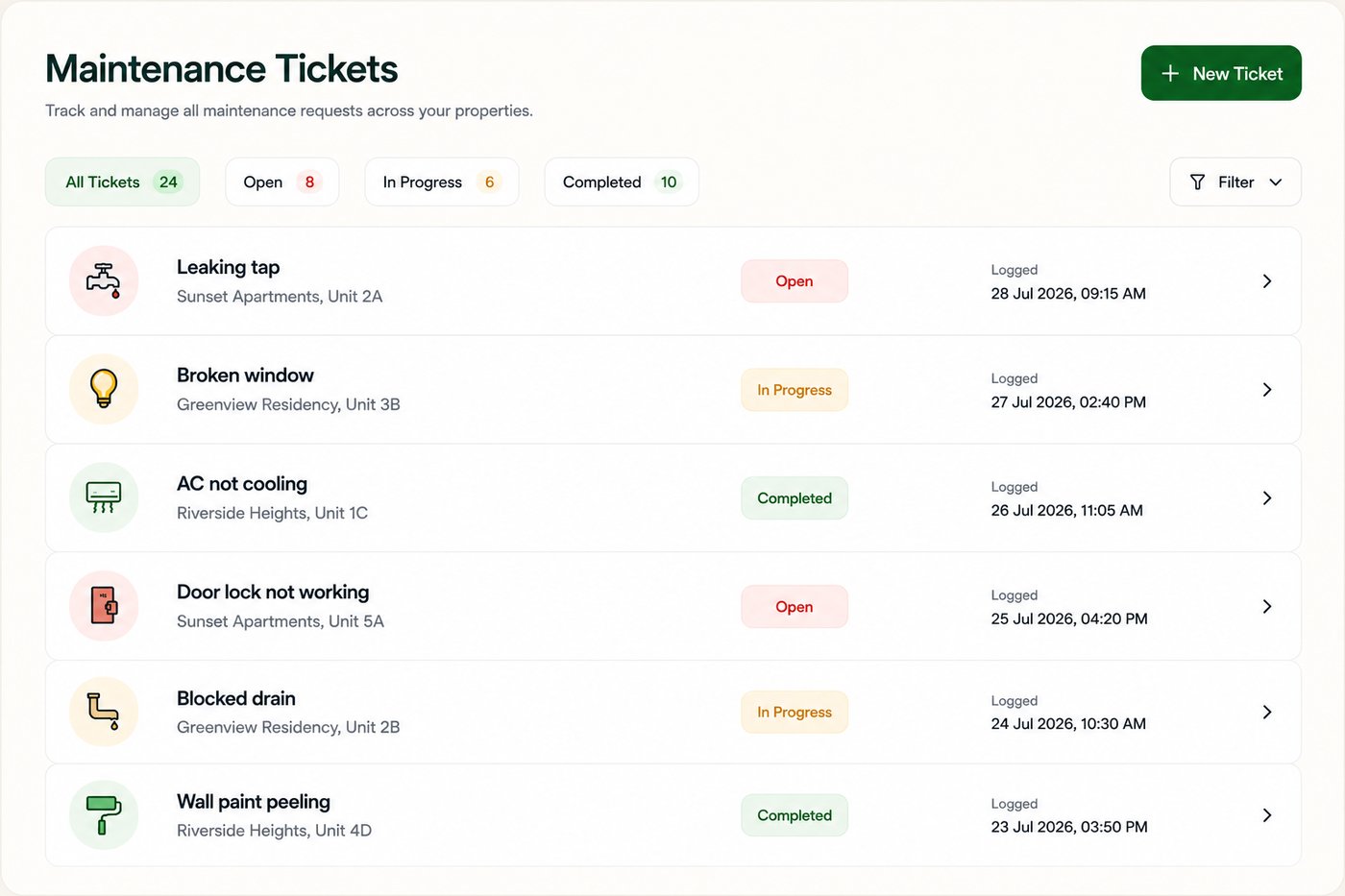 NyumbaTrack Maintenance Tickets page showing open, in progress, and completed repair requests