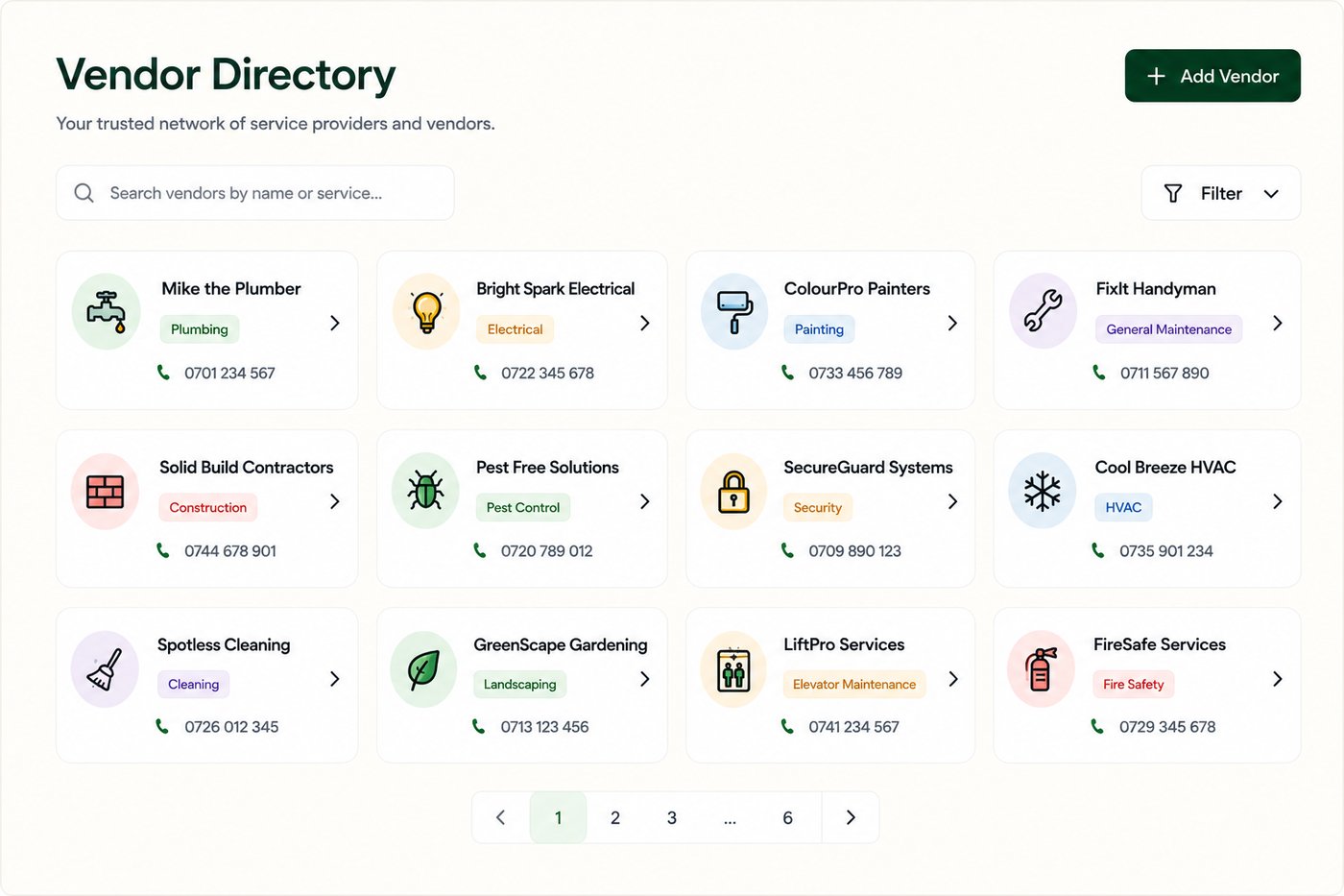 NyumbaTrack Vendor Directory showing plumbers, electricians, and contractors by trade